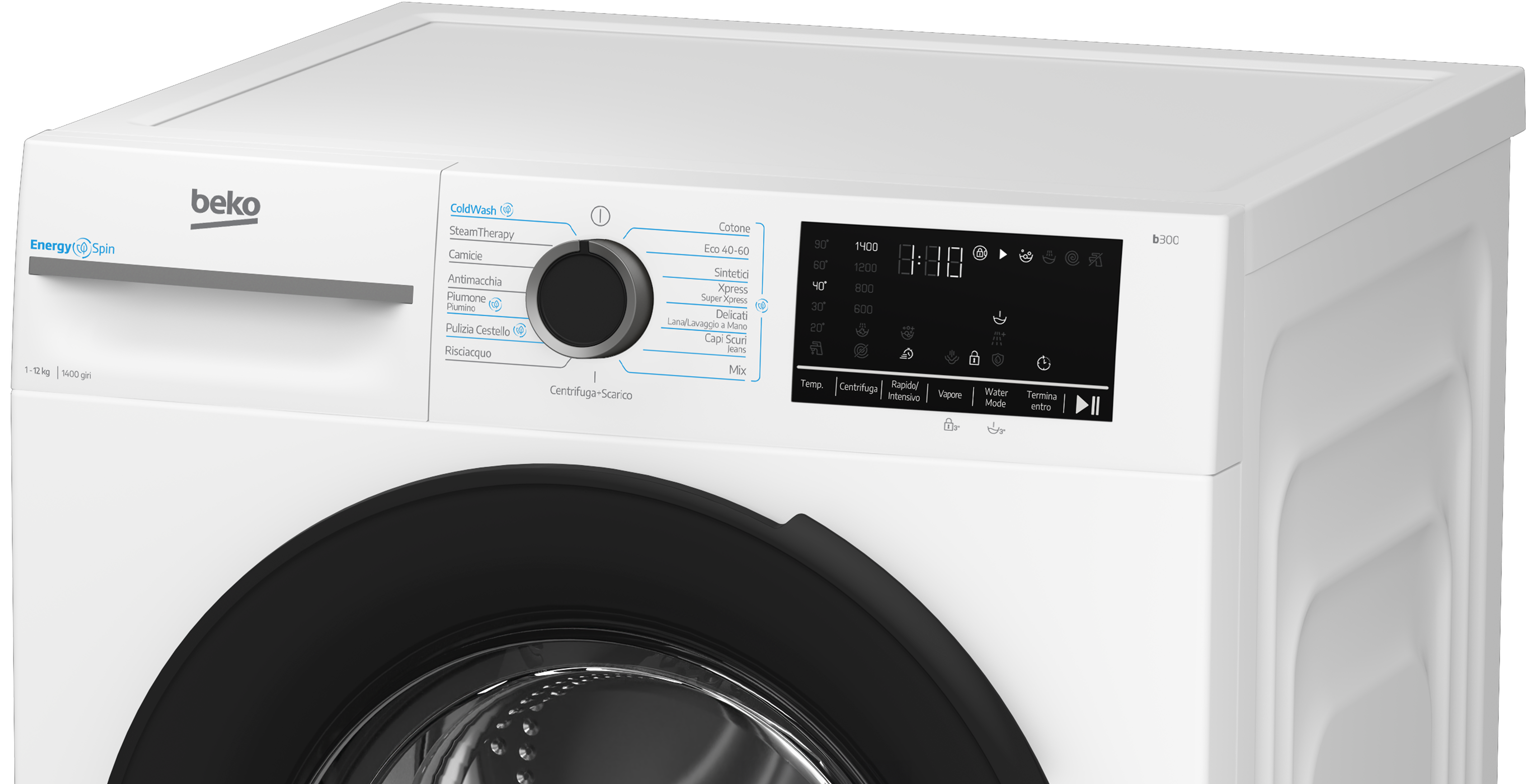 Beko BMWT31241A: Lavatrice 12kg, Classe A, 1400giri, linea estetica NX, motore ProSmart Inverter, Display Touch, oblò nero, tecnologia EnergySpin™, tecnologia a vapore SteamCure™