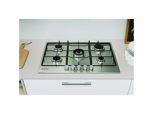 INDESIT THP 752 W/IX/I 1 PIANO COTTURA GAS, 5 zone di cotura, dimensioni: L 73 cm, P 51 cm, piano in Acciaio inossidabile, Acciaio Inox
